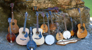 musical instruments lined up along the Rogue River