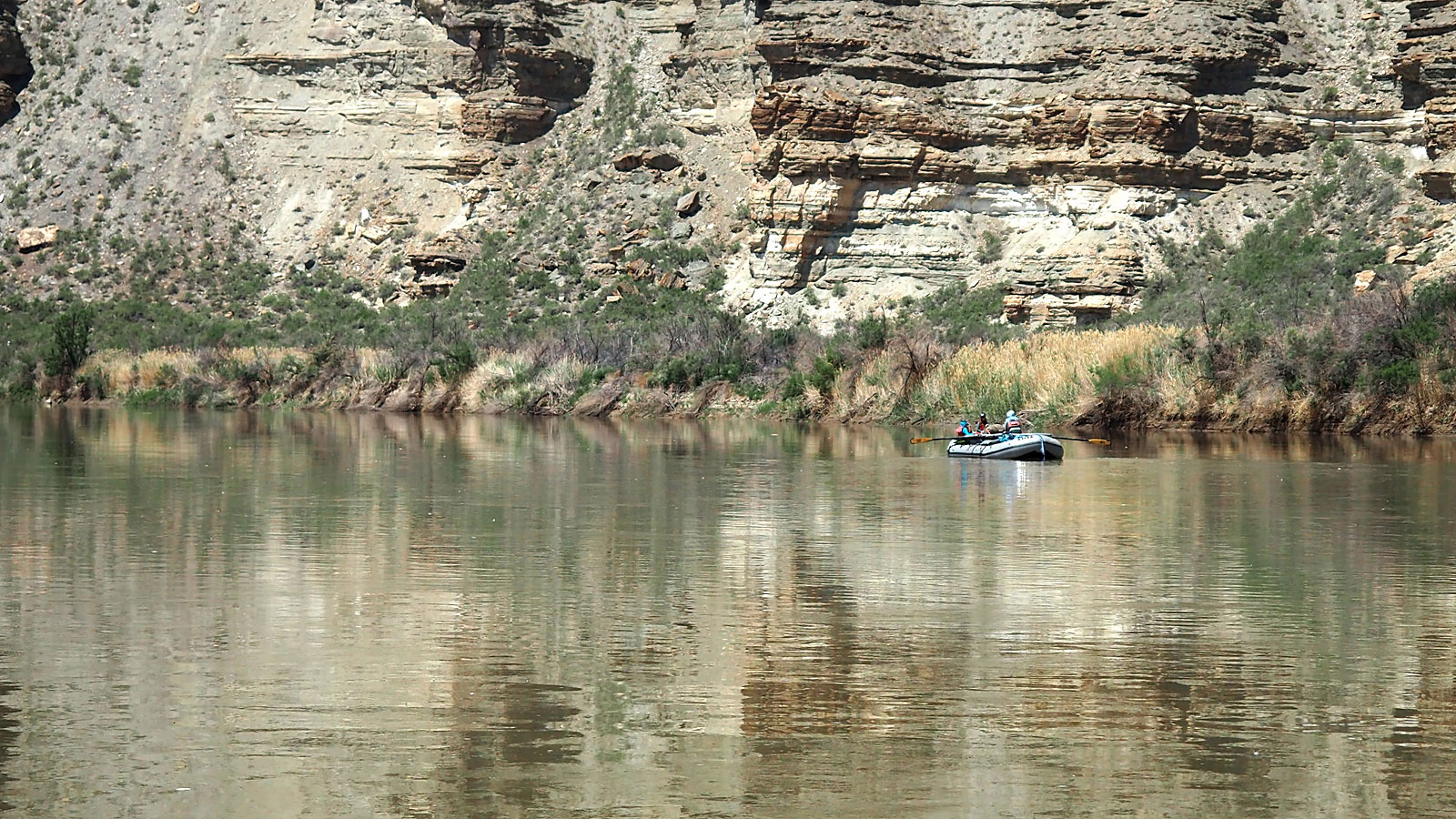 Rafts floating on the Green River in Desolation Canyon in Utah during a whitewater rafting trip with ARTA River Trips
