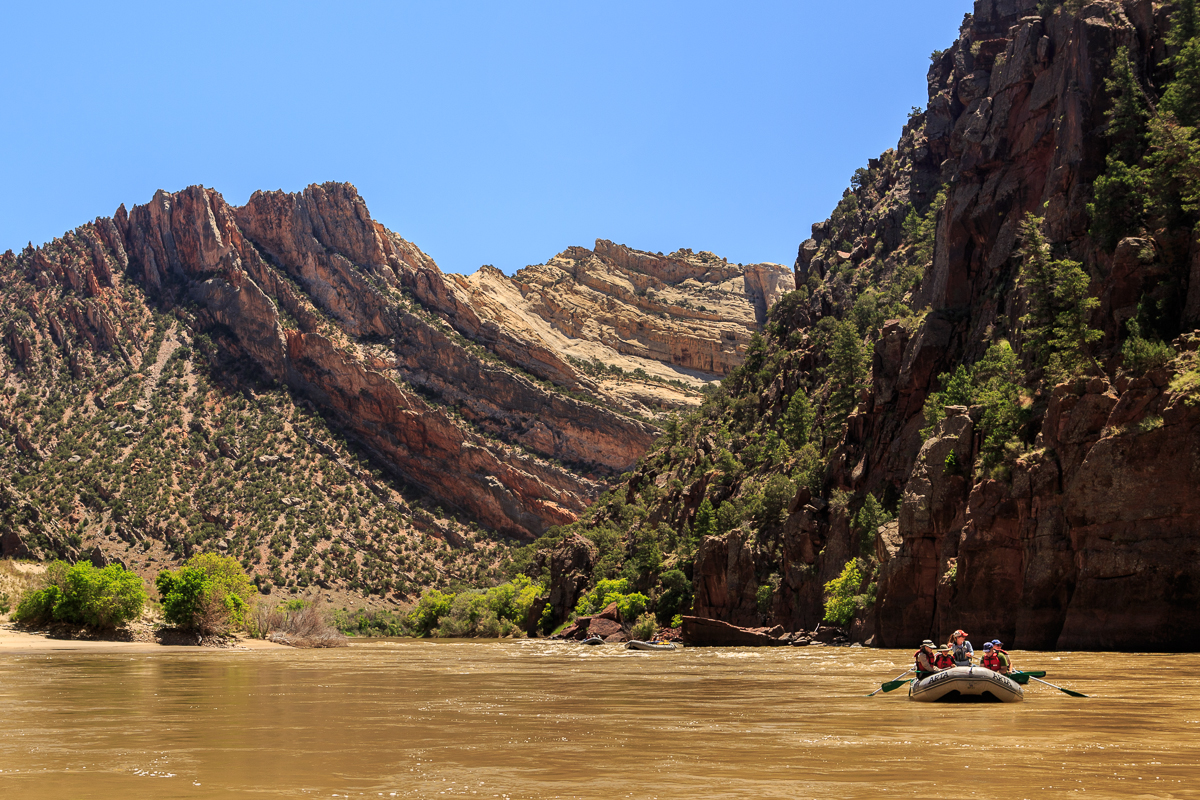 A raft paddles down the yampa river