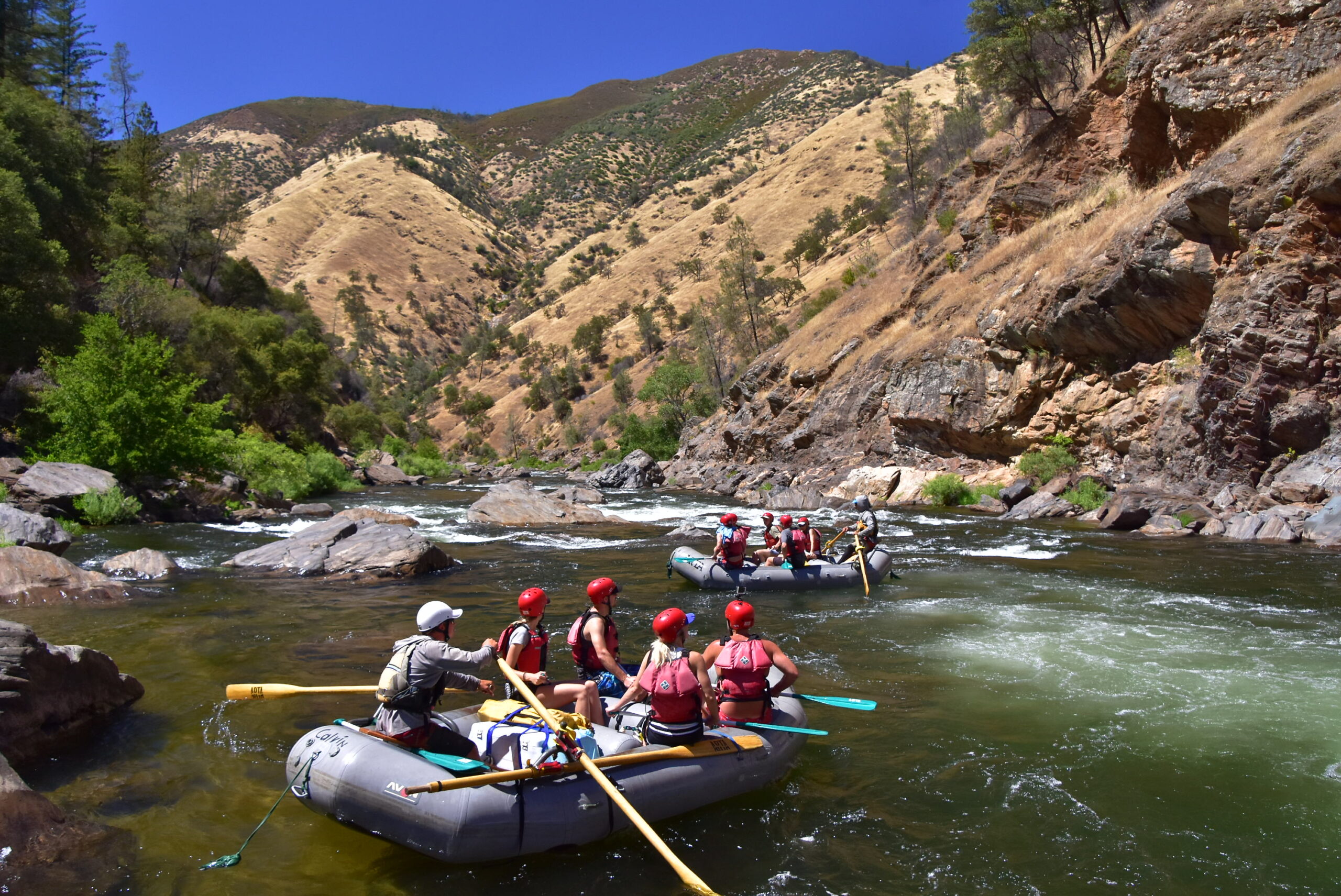 White water rafting boats on the tuolumne river