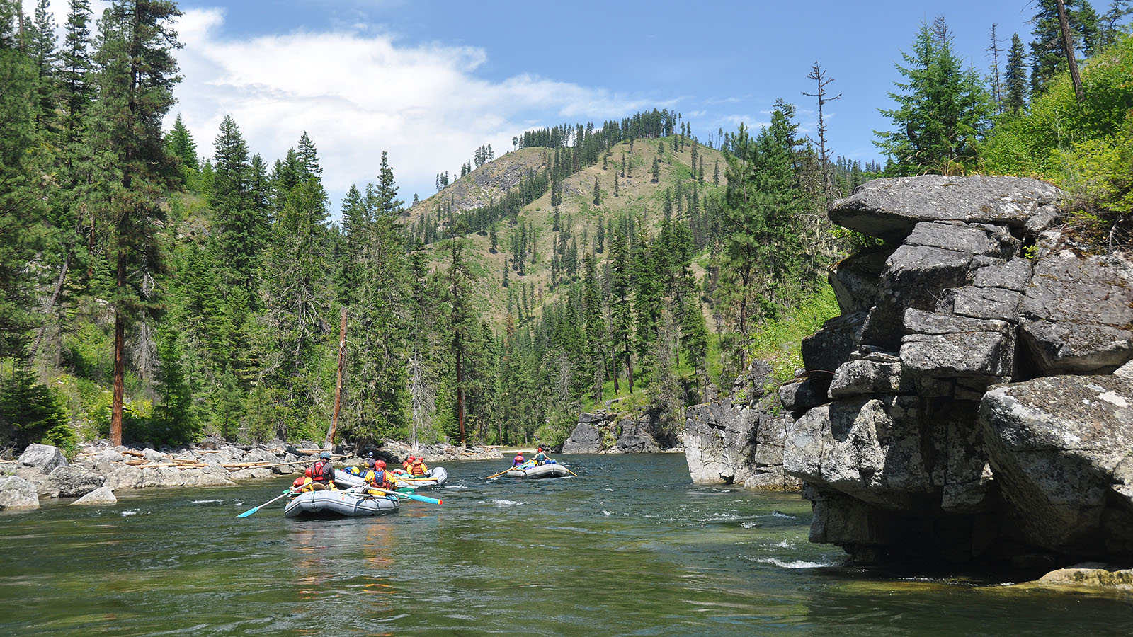 Boats paddle down the scenic selway river in rafts