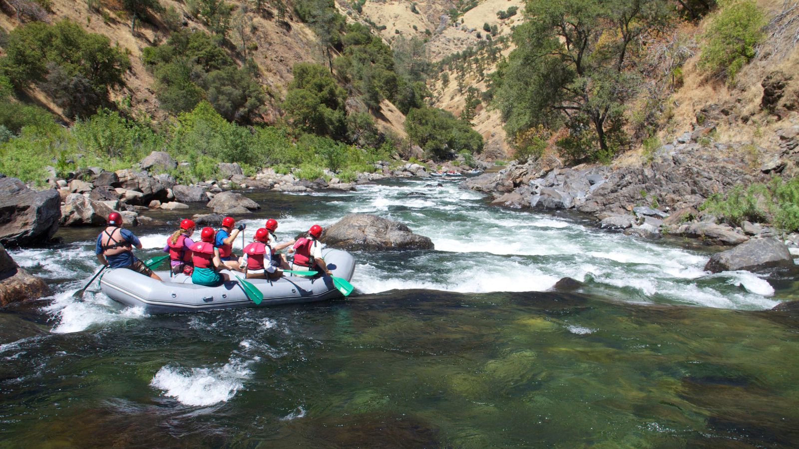 A boat navigates white water on a river